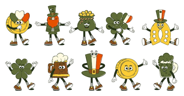 Vector feliz día de san patricio personajes retro de dibujos animados funky groovy leprechaun trevo de monedas y otros