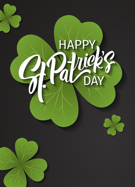 Feliz día de san patricio saludo letras día de san patricio sobre un fondo oscuro con trébol ilustración vectorial