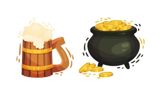Feliz día de San Patricio con taza de cerveza y caldero de monedas de oro símbolos tradicionales de Irlanda