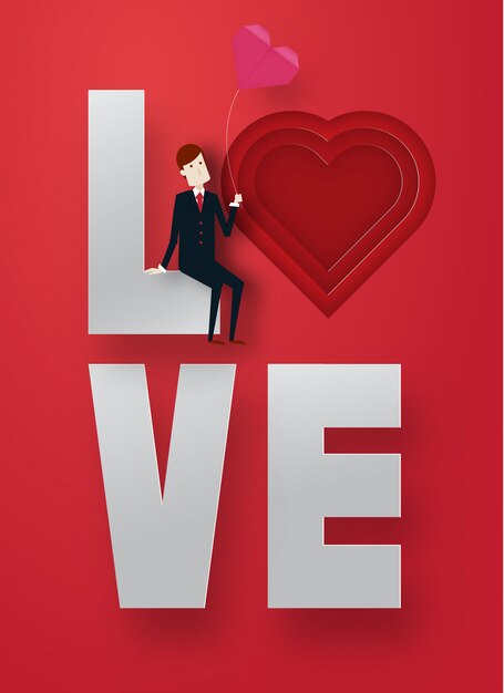 Feliz día de San Valentín 3d capa estilo de arte de papel con chico inteligente y texto ilustración vectorial