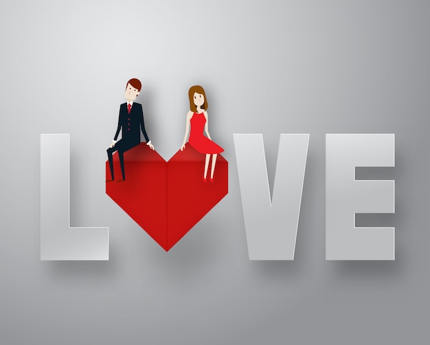Feliz día de San Valentín 3d capa estilo de arte de papel con chico inteligente y texto ilustración vectorial