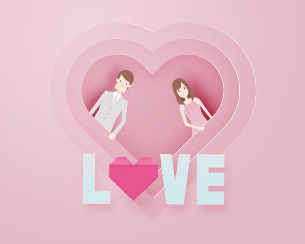 Feliz día de San Valentín 3d capa estilo de arte de papel con chico inteligente y texto ilustración vectorial