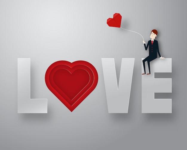 Feliz día de San Valentín 3d capa estilo de arte de papel con chico inteligente y texto ilustración vectorial