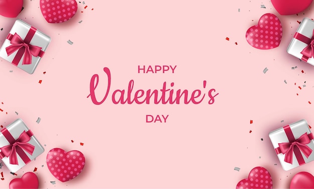 Feliz día de san valentín 3d corazón rosa y caja de regalo blanca ilustración