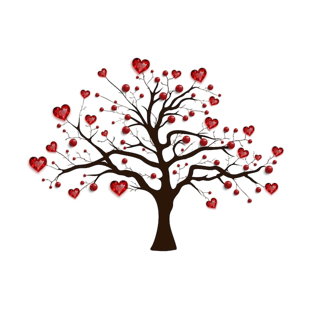 Feliz día de san valentín. árbol decorado con corazones rojos y cuentas. tarjeta de san valentín