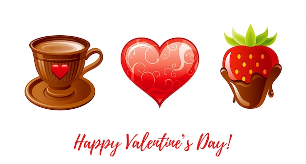 Vector feliz día de san valentín banner. taza de café lindo de dibujos animados, corazón, fresa bañado en chocolate.