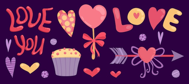 Feliz día de San Valentín banner con te amo letras, flecha y cupcake