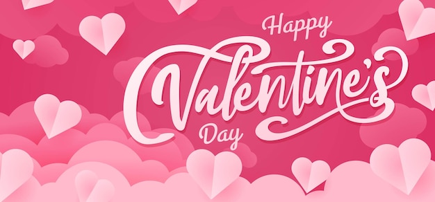 Feliz día de San Valentín cartel diseño de banner papel cortado nubes y corazón sobre fondo rosa Papercut