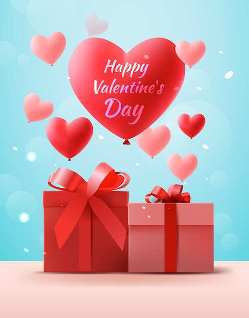 Feliz día de San Valentín celebración tarjeta de felicitación globos de aire rojo en forma de corazón con caja de regalo envuelta vertical