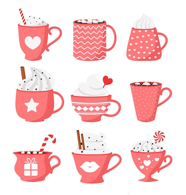 Feliz día de San Valentín Colección de bebidas calientes del día de San Valentín Ilustración vectorial