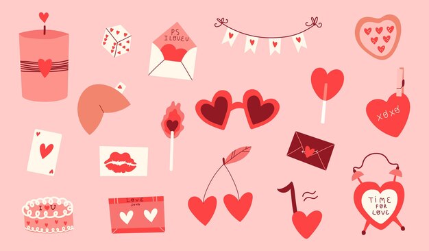 Feliz día de San Valentín colección de pegatinas dibujadas a mano Vector elementos románticos aislados y corazones en rosa