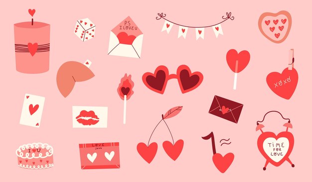 Vector feliz día de san valentín colección de pegatinas dibujadas a mano vector elementos románticos aislados y corazones en rosa