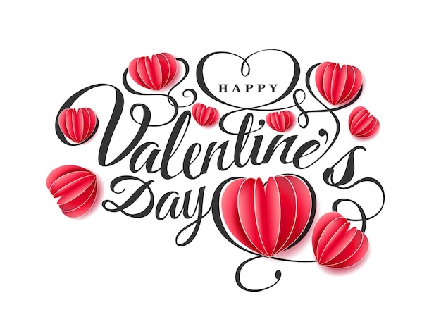 Feliz día de san valentín. composición de fuente con corazones de papel rojo aislado sobre fondo rosa. vector ilustración romántica hermosa vacaciones. estilo artesanal de papel.