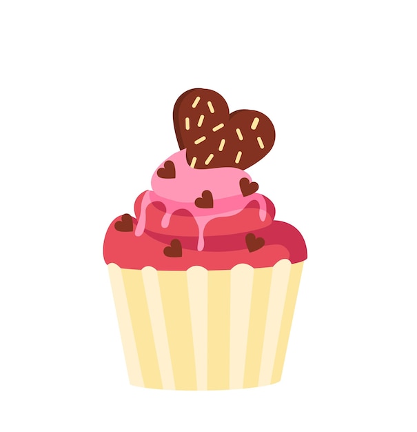 Feliz día de san valentín concepto de cupcake panadería y comida casera pastel con corazón de chocolate pegatina para redes sociales dibujos animados vector plano ilustración aislado sobre fondo blanco