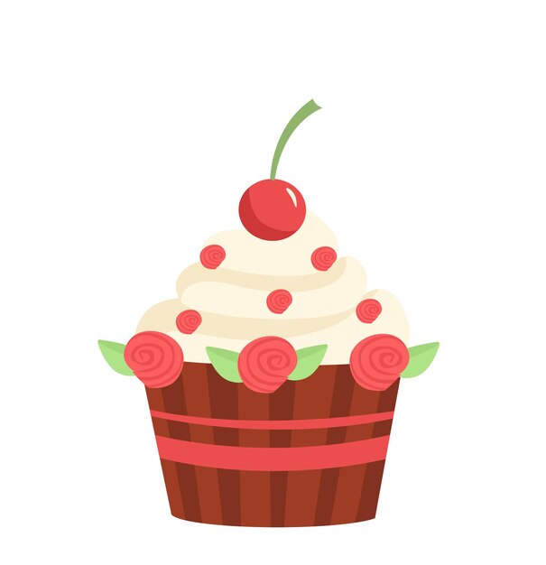 Feliz día de San Valentín concepto de cupcake panadería y comida casera pastel con glaseado blanco y plantilla de cereza y diseño ilustración vectorial plana de dibujos animados aislado sobre fondo blanco