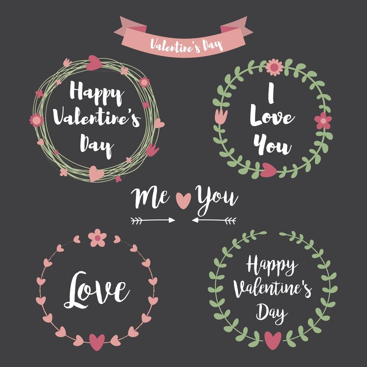 Feliz día de San Valentín conjunto de dibujo a mano. Marco floral Letras tipográficas sobre fondo de pizarra