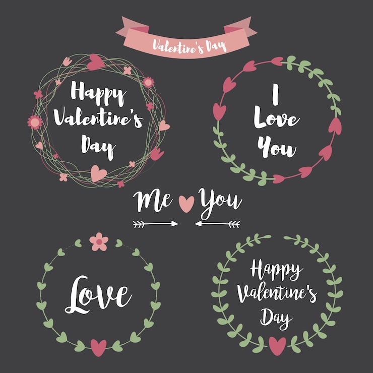 Feliz día de San Valentín conjunto de dibujo a mano. Marco floral Letras tipográficas sobre fondo de pizarra