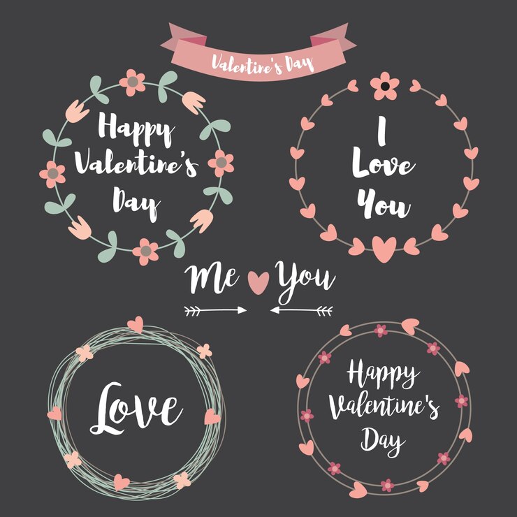 Feliz día de San Valentín conjunto de dibujo a mano. Marco floral Letras tipográficas sobre fondo de pizarra