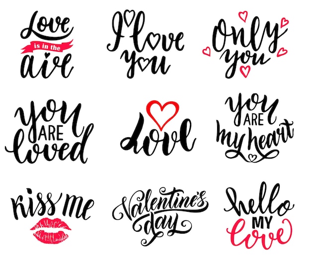 Feliz día de san valentín y conjunto de tipografía de amor.