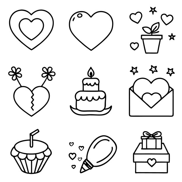 Feliz día de San Valentín Conjunto vectorial de iconos de línea negra