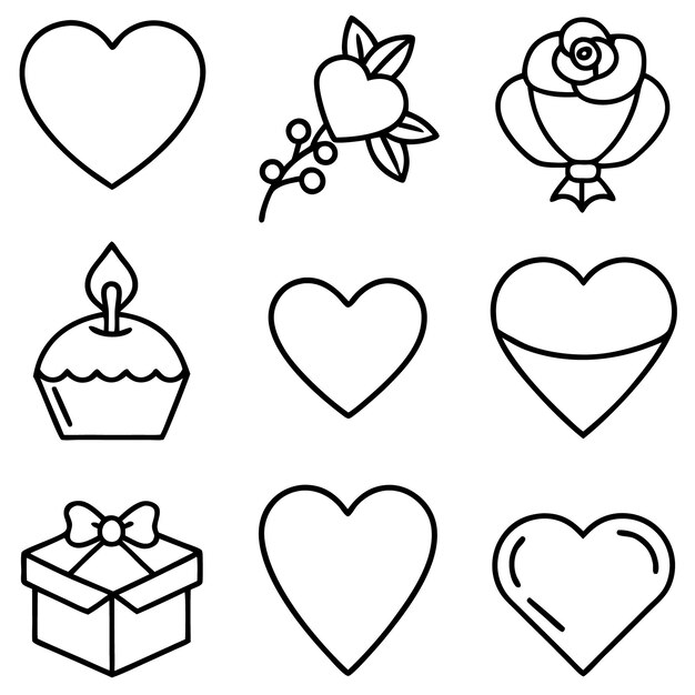 Feliz día de San Valentín Conjunto vectorial de iconos de línea negra