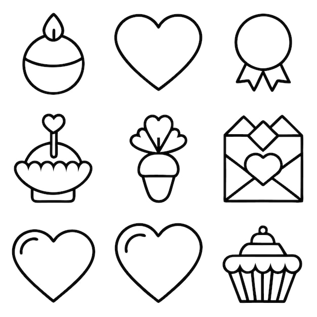 Feliz día de San Valentín Conjunto vectorial de iconos de línea negra