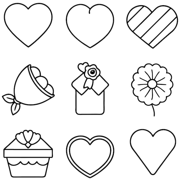 Feliz día de San Valentín Conjunto vectorial de iconos de línea negra