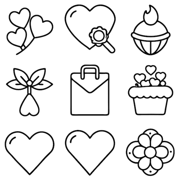 Feliz día de San Valentín Conjunto vectorial de iconos de línea negra