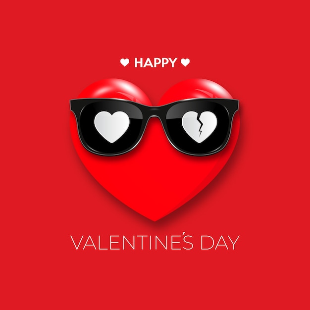 Feliz día de san valentín. corazón rojo en gafas hipster negro.