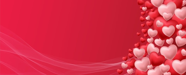 Feliz día de San Valentín con corazones rojos y rosados en 3D y líneas de onda en un fondo de lujo