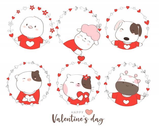 Feliz día de san valentín con dibujos animados de animales lindos estilo dibujado a mano