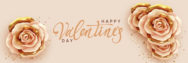 Feliz día de San Valentín. Diseño romántico con flor rosa beige y capullos dorados con marco blanco, letras de texto caligráfico escritas a mano. Borde de fondo Rosas 3d. Tarjeta de felicitación, pancarta, póster web.