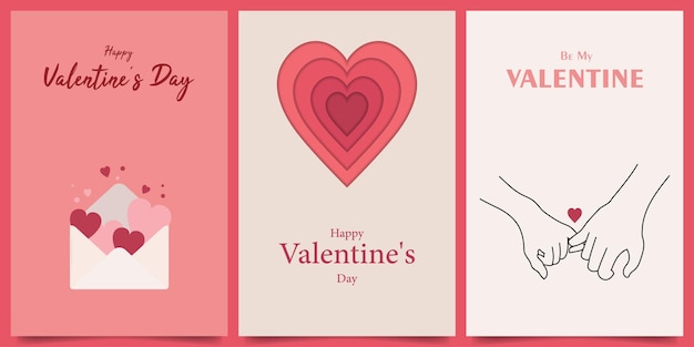 Vector feliz día de san valentín diseño vertical con pareja mano corte de papel corazón y letra