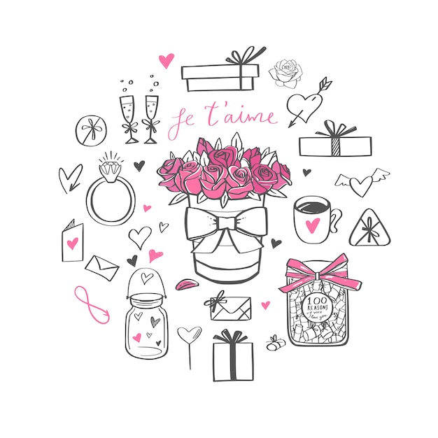 Feliz día de san valentín doodle conjunto, banner, fondo