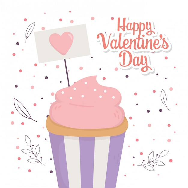 Feliz día de san valentín, dulce cupcake signo corazón decoración floral