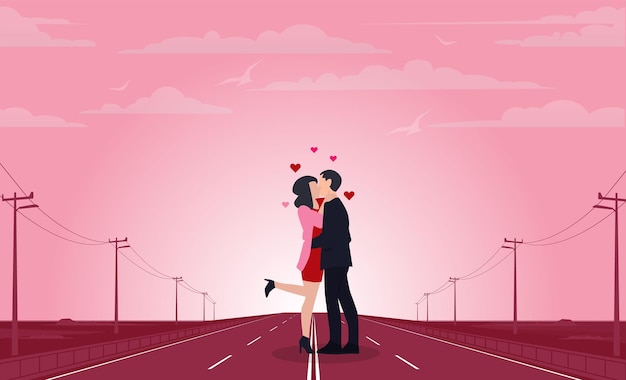 Feliz día de san valentín dulce pareja enamorada abrazo y beso en el camino romántico