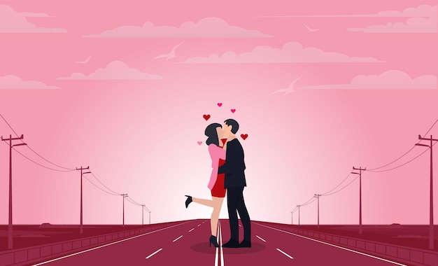 Feliz día de san valentín dulce pareja enamorada abrazo y beso en el camino romántico