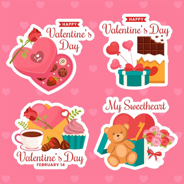 Feliz día de San Valentín Etiqueta de dibujos animados planos plantillas dibujadas a mano Ilustración de fondo