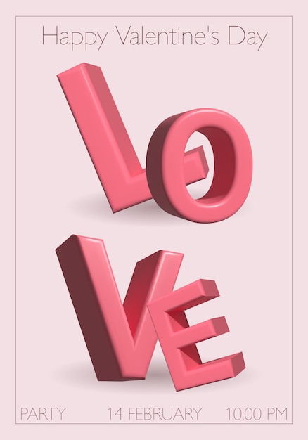 Vector feliz día de san valentín fiesta flyer o diseño de tarjeta invitación de letras volumétricas