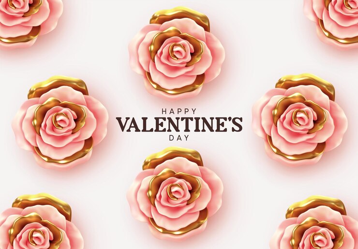 Vector feliz día de san valentín. fondo con flor de metal 3d realista color rosa, rosa y dorado. patrón de capullos de flores. ilustración vectorial