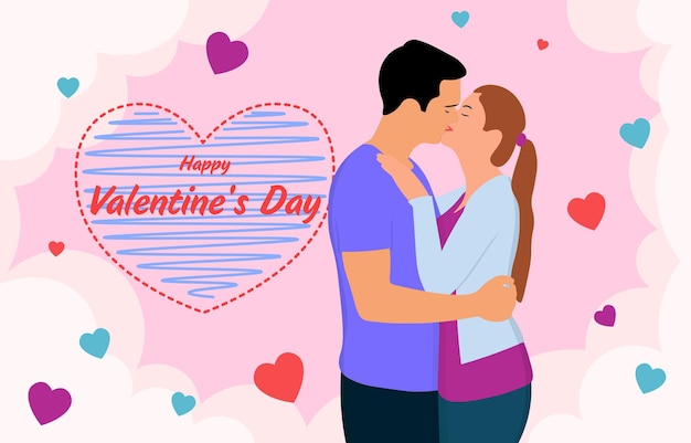 Feliz día de san valentín fondo plano con una pareja abrazándose y besándose en el fondo de un gran corazón de amor, pequeños corazones de color y nubes suaves