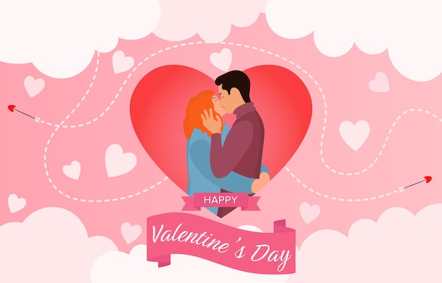 Feliz día de san valentín fondo plano con pareja abrazándose y besándose en el fondo de las nubes de corazones y flechas