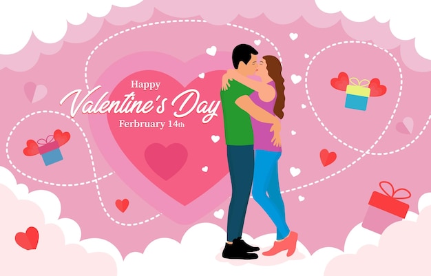 Feliz día de san valentín fondo plano con pareja abrazándose y besándose en el fondo de las nubes corazones y regalos voladores