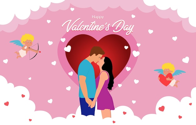 Feliz día de san valentín fondo plano con pareja besándose en el fondo de los corazones de las nubes y ángeles de cupido voladores