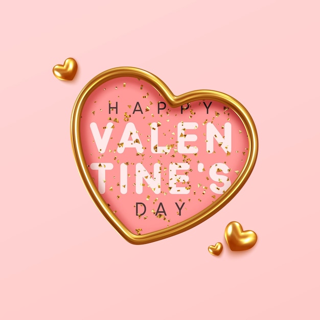 Feliz día de san valentín. fondo rosa con corazones dorados metálicos realistas. tarjeta de felicitación, afiche de regalo, pancarta navideña. ilustración vectorial