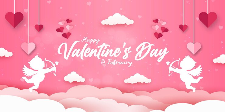 Feliz día de San Valentín en forma de corazón y Cupido en el cielo Estilo de arte de papel