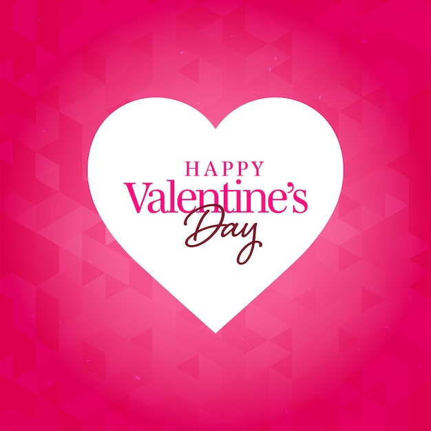 Feliz día de San Valentín fuente sobre forma de corazón blanco sobre fondo rosa patrón geométrico.