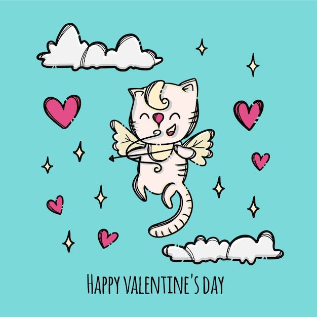 Feliz día de san valentín gatito cupido dispara un arco volando en el cielo rodeado de corazones voladores animal de dibujos animados dibujados a mano