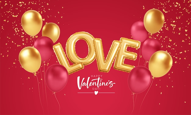 Feliz día de san valentín globos dorados y rojos con la inscripción amor de globos de helio de lámina dorada