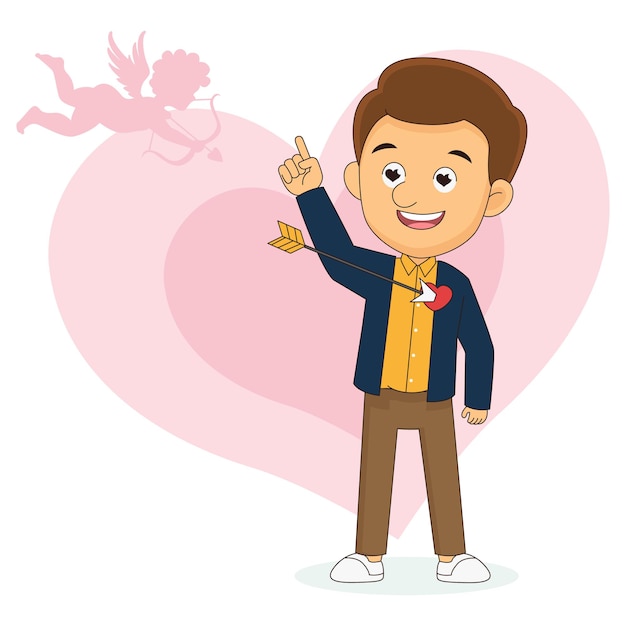 Feliz día de San Valentín, el hombre se enamora de la flecha de Cupido